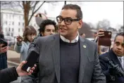  ?? ANDREW HARNIK — THE ASSOCIATED PRESS FILE ?? Rep. George Santos, R-N.Y., leaves a House GOP conference meeting on Capitol Hill in Washington on Jan. 25. Santos is carrying on in Congress despite calls for him to resign.