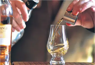  ??  ?? A dash of water drives flavour compounds in whisky to the surface, research has found.