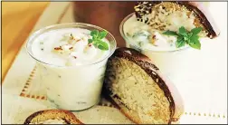  ??  ?? This Sept 14, 2015 photo shows roasted cauliflowe­r and green soup with cheesecove­red rye toasts in Concord, NH. (AP)