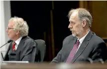  ?? PHOTO: MONIQUE FORD/STUFF ?? Justice Robert Dobson, left, and lay adviser Professor Martin Robinson have indicated they will reserve their judgment on Fairfax and NZME’s merger appeal.