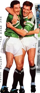  ??  ?? BROTHERS IN ARMS: Kevin Sheedy hugs striker John Aldridge (left), takes on the Egypt defence in Palermo (top) during the 1990 World Cup and goes through some training drills under Jack Charlton (above)