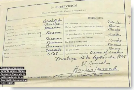  ?? ?? Notas de concepto del teniente coronel Manuel Sanmartin Rives, jefe de la Comandanci­a de la Guardia Civil de Algeciras (1941-1950).