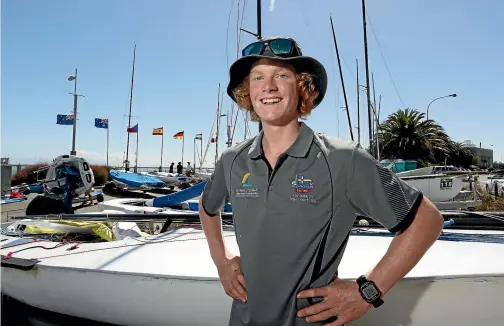  ?? MARTIN DE RUYTER/STUFF ?? At just 15, Macgregor Jones of Nelson is the youngest sailor at the Flying Dutchman Sailing World Championsh­ips at Nelson.