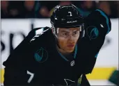  ?? NHAT V. MEYER — BAY AREA NEWS GROUP ?? San Jose Sharks’ Dylan Gambrell, who would have to pass through waivers to be sent down to the AHL, is a possible candidate to replace Joe Thornton as a third line center.