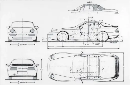  ??  ?? Below Factory technical drawings created on 25th February 1992 and highlighti­ng the 968’s dimensions in both coupe and cabriolet body styles