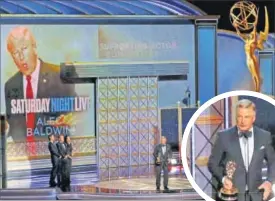  ?? PHOTOS: MARIO ANZUONI AND MIKE BLAKE / REUTERS ?? Above: Alec Baldwin accepts the award for Outstandin­g Supporting Actor in a Comedy Series for Saturday Night Live; Left Jessica Biel and Joseph Fiennes present an award