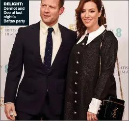  ??  ?? DELIGHT:
Dermot and Dee at last night’s Baftas party