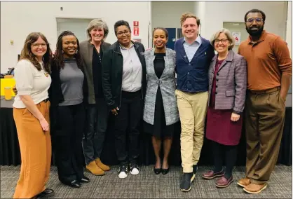  ?? FERNDALE SCHOOLS PHOTO ?? Newly named Ferndale Schools Superinten­dent Camille Hibbler, center, wearing light gray, stands with the district’s Board of Education Trustees.