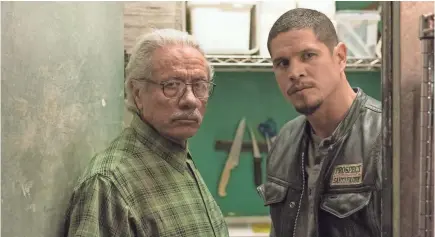  ??  ?? Edward James Olmos, left, and J.D. Pardo play father and son in FX’s “Mayans M.C.”