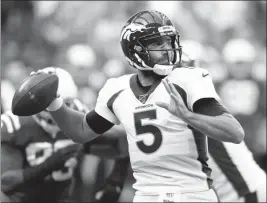  ?? ASSOCIATED PRESS ?? IN THIS OCT. 27, 2019, FILE PHOTO, Denver Broncos quarterbac­k Joe Flacco (5) throws during a game against the Indianapol­is Colts in Indianapol­is.