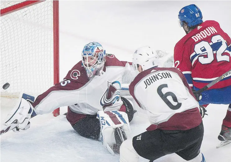  ?? — THE CANADIAN PRESS ?? Canadiens centre Jonathan Drouin scored on goaltender Jonathan Bernier in a 4-2 win over the Avalanche in Montreal on Tuesday night.