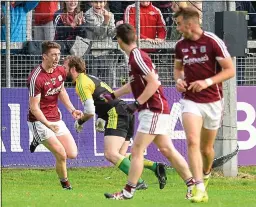  ??  ?? TOO EASY: Johnny Heaney of Galway wheels away in celebratio­n after scoring his sides’ third goal in the first half at Markievicz Park yesterday evening