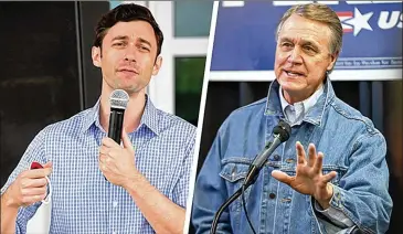  ?? STEVE SCHAEFER/ FOR THE AJC ?? JonOssoff( left), the Democratic candidate for the Senate seat held for the past six years by David Perdue, has parlayed support fromthe national party and opposition to Donald Trump into a barn- burner.