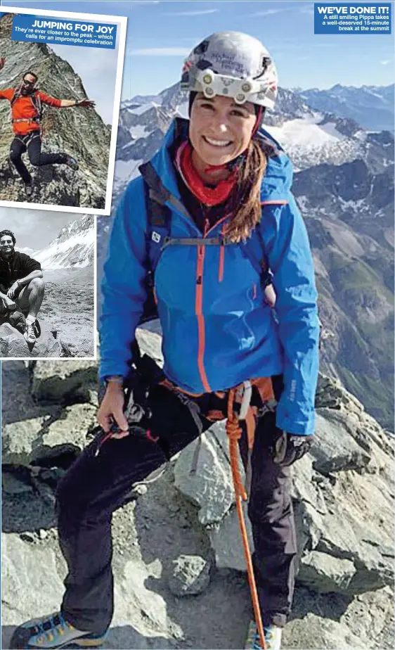  ??  ?? JUMPINGFOR JOY They’re ever closer to the peak – which calls for an impromptu celebratio­n WE’VE DONE IT! A still smiling Pippa takes a well-deserved 15-minute break at the summit