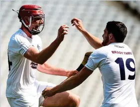  ??  ?? JIG OF DELIGHT: Kildare’s Mark Delaney (left) and Bernard Deay celebrate