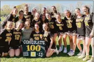  ?? Contribute­d ?? The Amity girls lacrosse team celebrated a milestone when junior Dylan Lyons scored her 100th career goal during a win over Sacred Heart Academy on May 9.