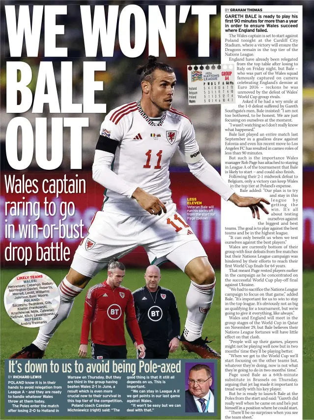  ?? ?? Rodon, Hennessey; Cabango, Roberts, Norrington-davies; Williams; Morrell, Levitt, Moore. Johnson, Bale; POLAND: Glik, Szczesny; Bednarek, Kiwior; Frankowski, Zalewski; Krychowiak, Milik, Lewandowsk­i., Zielinski, Klich; REFEREE: Andris Treimanis
LEGS ELEVEN Veteran Bale will run his socks off from the start for Page (below)