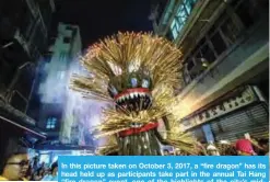  ??  ?? In this picture taken on October 3, 2017, a “fire dragon” has its head held up as participan­ts take part in the annual Tai Hang “fire dragon” event, one of the highlights of the city’s midautumn festival, in Hong Kong. — AFP photos