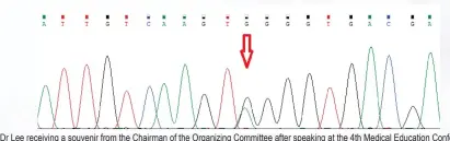  ??  ?? Top, center: Dr Lee receiving a souvenir from the Chairman of the Organizing Committee after speaking at the 4th Medical Education Conference of Hong Kong Academy of Medicine. © Hencher Lee. All rights reserved.
Directly above: The G-to-A change in the FLNC gene which is believed to underly a major myopathy in Hong Kong Chinese.
© Hencher Lee. All rights reserved.