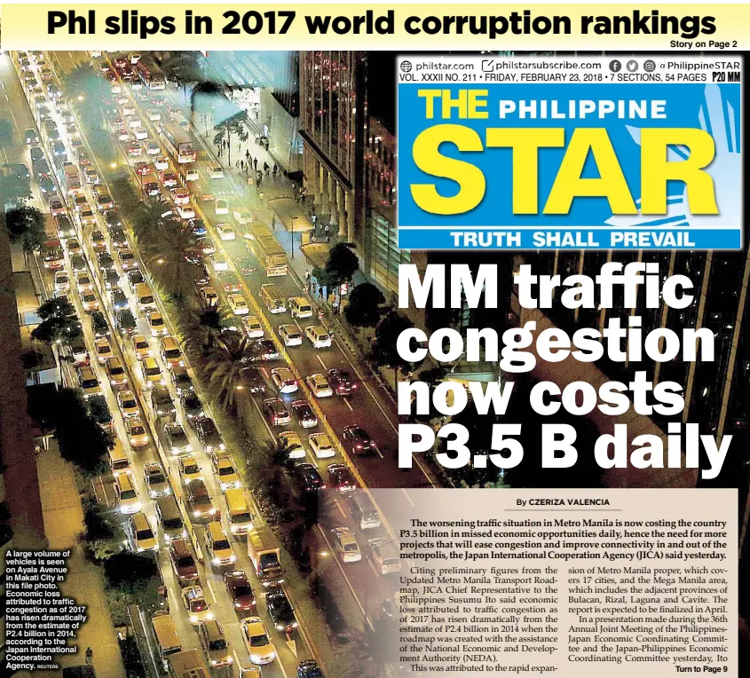  ?? REUTERS ?? A large volume of vehicles is seen on Ayala Avenue in Makati City in this file photo. Economic loss attributed to traffic congestion as of 2017 has risen dramatical­ly from the estimate of P2.4 billion in 2014, according to the Japan Internatio­nal...