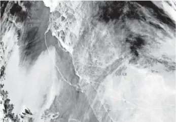  ?? NOAA SUOMI-NPP/UNIVERSITY OF OXFORD/SIMON PROUD ?? An 2,200-square-mile iceberg has sheared off Antarctica, reducing the size of the ice shelf by 12%.