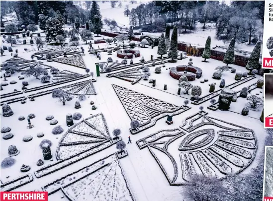  ??  ?? PERTHSHIRE
How does your garden snow? The intricate ornamental garden at Drummond Castle is highlighte­d in yesterday’s snowfall
Smiles: Sledge fun in Roslin