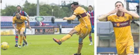  ??  ?? HIGHLAND FAME Ryan Bowman nets penalty and veteran striker James McFadden celebrates his headed effort