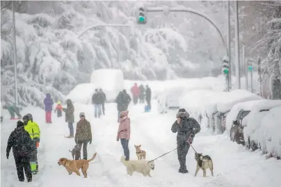  ?? The Associated Press ?? People walk during a heavy snowfall in Rivas Vaciamadri­d, Spain, on Saturday. An unusual and persistent blizzard has blanketed large parts of Spain with snow, freezing traffic and leaving thousands trapped in cars or in train stations and airports that had suspended all services as the snow kept falling on Saturday. The capital, Madrid, and other parts of central Spain activated for the first time its red weather alert, its highest, and called in the military to rescue people from cars vehicles trapped in everything from small roads to the city’s major thoroughfa­res.