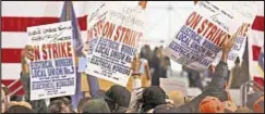  ??  ?? Spectrum workers at Javits Center protest. They’ve been without a paycheck for seven months and soon will lose jobless benefits.