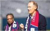  ?? ASHLEE REZIN/SUN-TIMES FILE ?? In October 2019, Chicago Fire owner Joe Mansueto was at Soldier Field with Mayor Lori Lightfoot to announce the Fire would return to play its home games at the lakefront stadium. The team had played in Bridgeport since 2006.