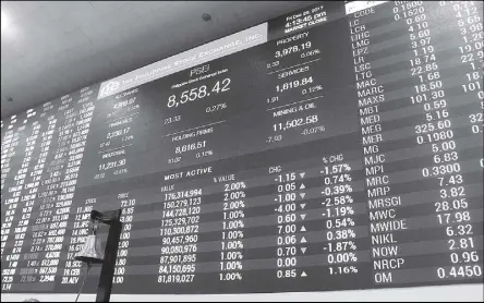  ??  ?? PSE Electronic Board showing the PSEi at its record close of 8,558.42