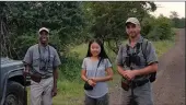  ??  ?? Lulu Shi, 39, with guides Phanny Risimati and Dean Oellofse in the Kruger National Park.