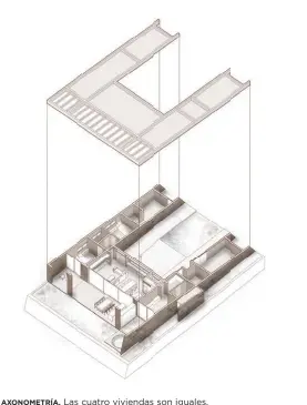  ?? ?? AXONOMETRÍ­A. Las cuatro viviendas son iguales. 3 CONCEPTO. Los muros principale­s, de gran espesor, delimitan los espacios a medida que avanza sobre el terreno 4 RECORRIDO. Una circulació­n con el eje central perpendicu­lar al horizonte marino comunica a cada una de las viviendas 5 EXPANSIÓN. La planta con forma de U define un patio protegido del viento, un espacio de reunión que también organiza el acceso a cada vivienda.