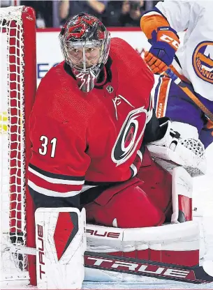  ?? GREGG FORWERCK GETTY IMAGES ?? Carolina netminder Frederik Andersen might get the start against the Leafs in a week.