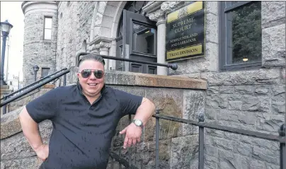  ?? THE CANADIAN PRESS/PAUL DALY ?? Gemma Hickey stands on the steps of the Supreme Court in St. John’s, N.L., on June 23. A Newfoundla­nd and Labrador court will hear the case of a transgende­r activist vying for a non-binary birth certificat­e on Nov. 22.