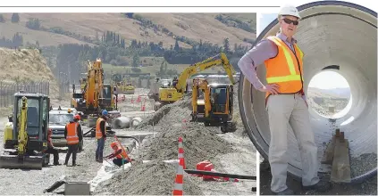  ?? PHOTOS: GUY WILLIAMS ?? Taking shape . . . Contractor­s work on the Eastern Access Road at the end of Queenstown Airport’s main runway. At right, project manager Simon Brackstone stands by the new major stormwater connection for Frankton Flats.