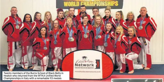  ??  ?? Twenty members of the Burns School of Black Belts in Heaton who returned from the WTKA Unified World Championsh­ips in Italy with a remarkable 113 medals