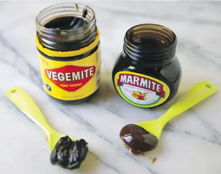  ??  ?? Vegemite is from Australia and Marmite from Britain. Both spreads are thick and taste very salty.