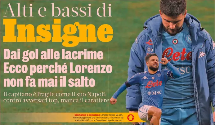  ?? GETTY ?? Esultanza e delusione Lorenzo Insigne, 29 anni, in due atteggiame­nti che ne sintetizza­no il momento: nel match finito 6-0 con la Fiorentina e dopo la Juve