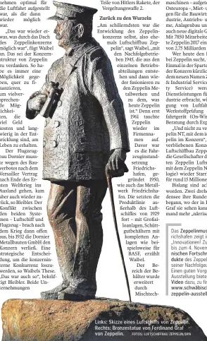  ?? FOTOS: LUFTSCHIFF­BAU ZEPPELIN/ DPA ?? Links: Skizze eines Luftschiff­s von Zeppelin. Rechts: Bronzestat­ue von Ferdinand Graf von Zeppelin.