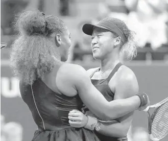  ?? ANDRES KUDACKI/AP ?? Serena Williams hugs Naomi Osaka, of Japan, after Osaka defeated Williams in the women’s singles final of the U.S. Open tennis tournament on Saturday,