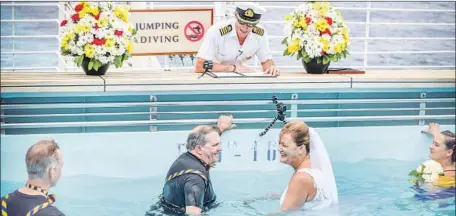  ?? Photograph­s from Tami Van Dusen Ashley ?? TAMI Van Dusen, top, is escorted into a pool on the Crown Princess, where Capt. Vincenzo Lubrano, above center, presides over her wedding to Tim Ashley. In the pool, the groom, who uses a wheelchair, could stand to say his vows. Some water was removed...