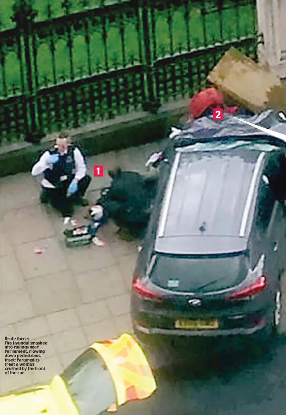  ??  ?? Brute force: The Hyundai smashed into railings near Parliament, mowing down pedestrian­s. Inset: Paramedics treat a woman crushed by the front of the car