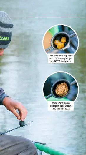  ??  ?? Feed via a pole cup fixed to a different top kit you are NOT fishing with
When using micro pellets in deep water, feed them in balls