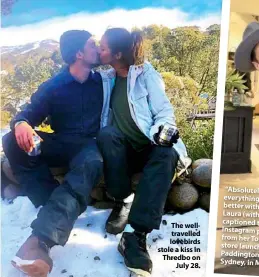  ??  ?? The welltravel­led lovebirds stole a kiss in Thredbo on July 28.