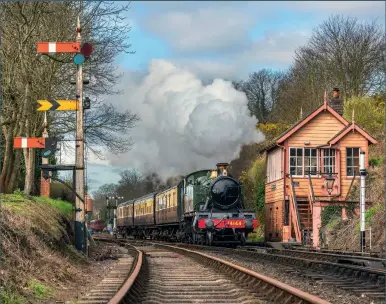  ??  ?? Unrepeatab­le: A picture that can never be taken again, after the Severn Valley Railway’s decision to ban photo charters and lineside permits. On Wednesday March 20, 2019, GWR 4144 passes Bewdley South Signal Box during a photo charter. (David Cable)