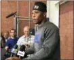  ?? TOM CANAVAN — THE ASSOCIATED PRESS ?? Giants running bacvk Saquon Barkley speaks to the media in East Rutherford, N.J., Monday.