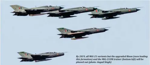  ??  ?? By 2019, all MiG-21 variants but the upgraded Bison (seen leading this formation) and the MiG-21UM trainer (bottom left) will be phased out (photo: Angad Singh)