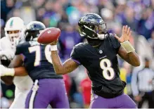 ?? Rob Carr/getty Images ?? Ravens quarterbac­k Lamar Jackson has a 1-3 record in his four previous playoff starts.