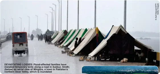  ?? ?? DEVASTATIN­G LOSSES: Flood-affected families have installed temporary tents along a road in Sukkur, Sindh; (below) an aerial view of Mingora, a town in Pakistan’s northern Swat Valley, which is inundated